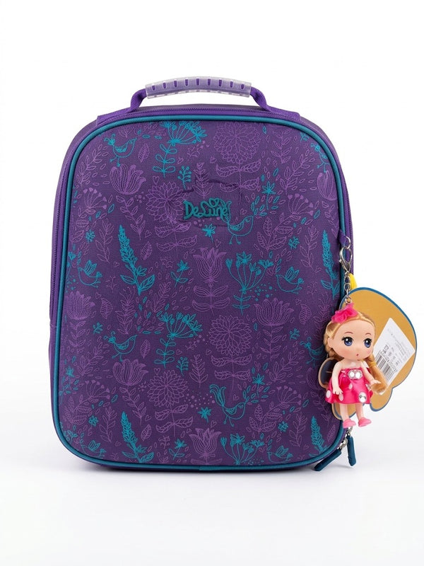 Ghiozdan scolar anatomic DeLune, model Floral Elegant cu pasari si flori stilízate, spate ergonomic Ergo System, breloc papusa inclus, mov/turcoaz