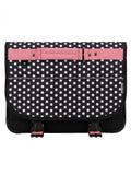 Ghiozdan scolar tip servieta Kangourou pentru fete, model cu buline Polka Dots, inchidere dubla cu catarame tip trident, spate captusit si benzi reflectorizante, negru/roz