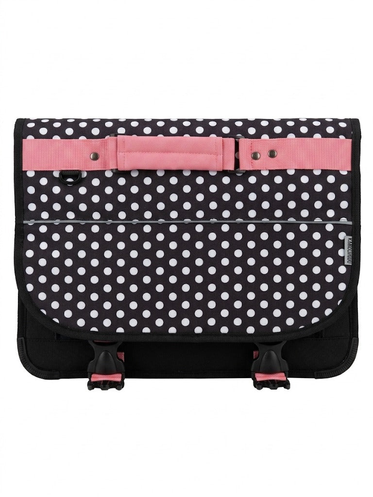 Ghiozdan scolar tip servieta Kangourou pentru fete, model cu buline Polka Dots, inchidere dubla cu catarame tip trident, spate captusit si benzi reflectorizante, negru/roz