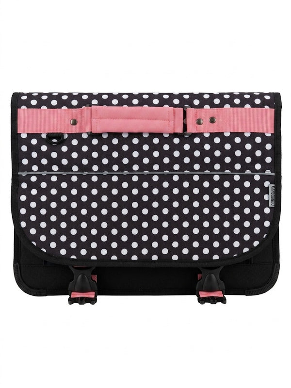 Ghiozdan scolar tip servieta Kangourou pentru fete, model cu buline Polka Dots, inchidere dubla cu catarame tip trident, spate captusit si benzi reflectorizante, negru/roz