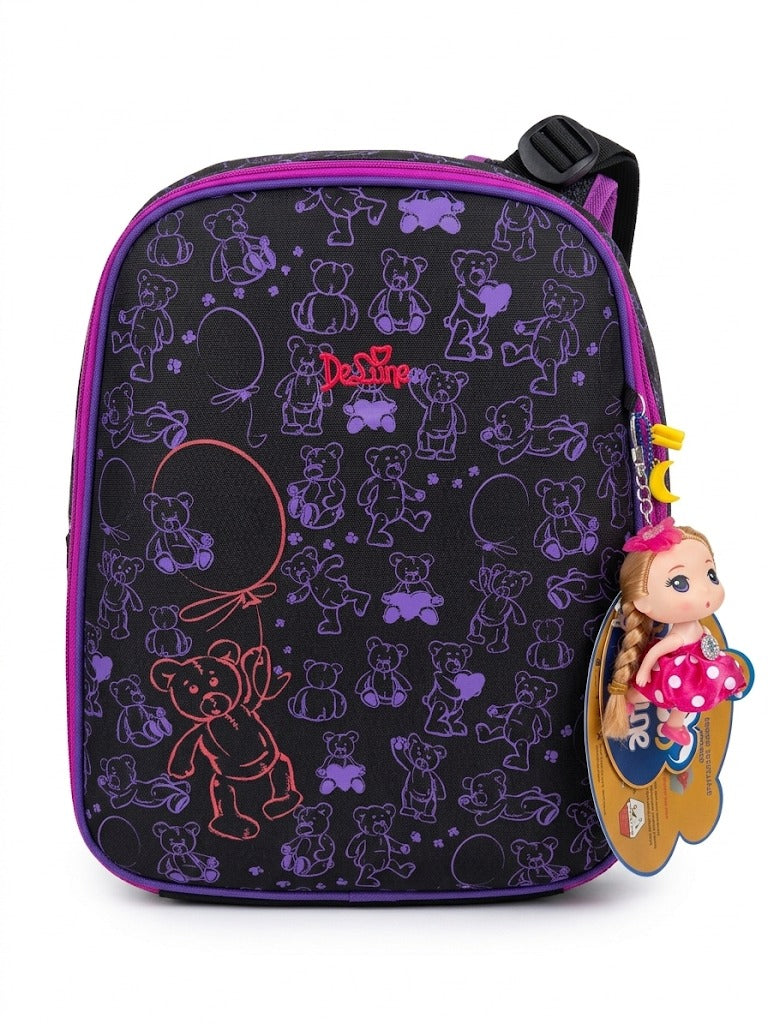 Ghiozdan scolar anatomic DeLune pentru fete, model ursuleți Teddy Bear cu baloane, spate ergonomic Ergo System, breloc papusa inclus, negru/mov/fucsia
