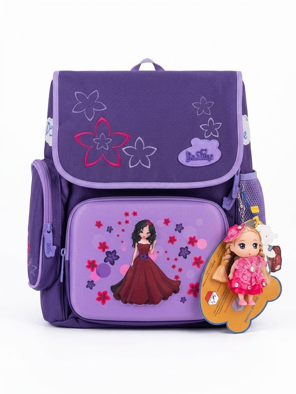 Ghiozdan scolar anatomic DeLune pentru fete, model printesa cu rochie eleganta si flori brodate, spate ortopedic termoformat, breloc papusa inclus, violet/lila