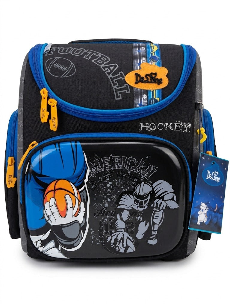 Ghiozdan scolar anatomic DeLune pentru baieti, model sportiv American College (baschet, fotbal american, hochei) 3D, spate ergonomic termoformat, negru/albastru/gri