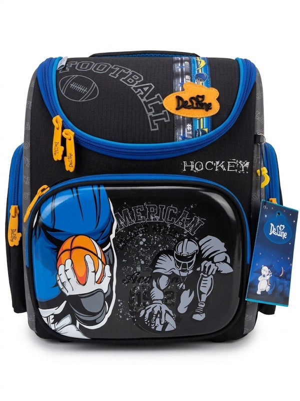 Ghiozdan scolar anatomic DeLune pentru baieti, model sportiv American College (baschet, fotbal american, hochei) 3D, spate ergonomic termoformat, negru/albastru/gri
