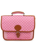 Ghiozdan scolar tip servieta / satchel retro pentru fete, model Buline Albe cu finisaje din piele ecologica maro, maner confortabil si bretele reglabile, roz