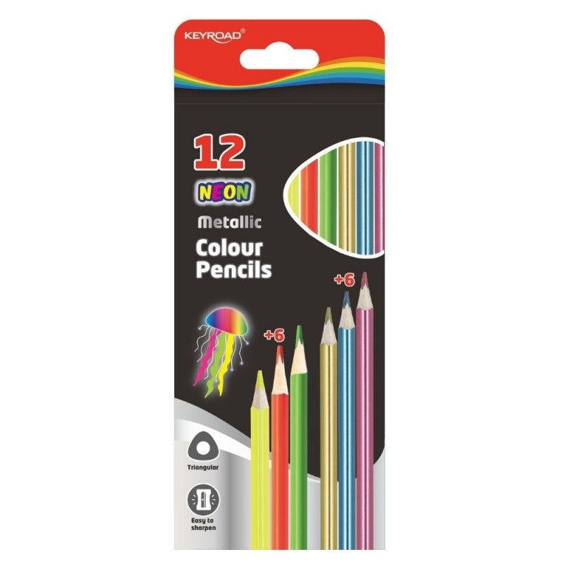 Creioane lungi 12 culori KEYROAD, triunghiulare, 6 neon+6 metalice