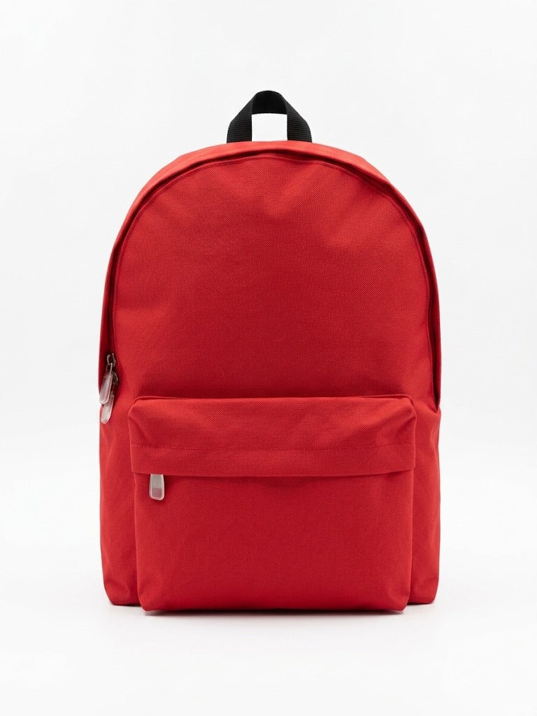 Rucsac urban/ghiozdan scolar unisex clasic, compartiment principal incapator si buzunar frontal cu fermoar, bretele buretate reglabile, rosu simplu