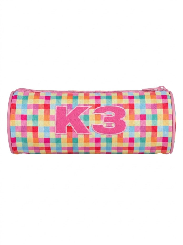 Penar scolar cilindric Studio 100 K3, model carouri multicolore si logo brodat, roz