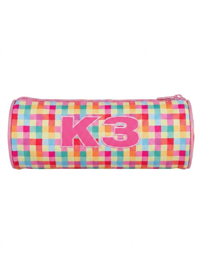 Penar scolar cilindric Studio 100 K3, model carouri multicolore si logo brodat, roz