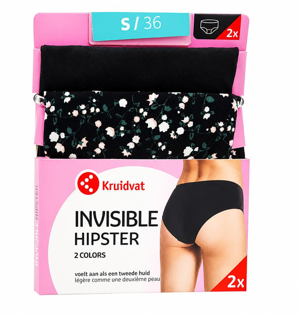 Set 2 chiloti Kruidvat Invisible Hipster, 2 culori, negru/negru cu imprimeu, marime S