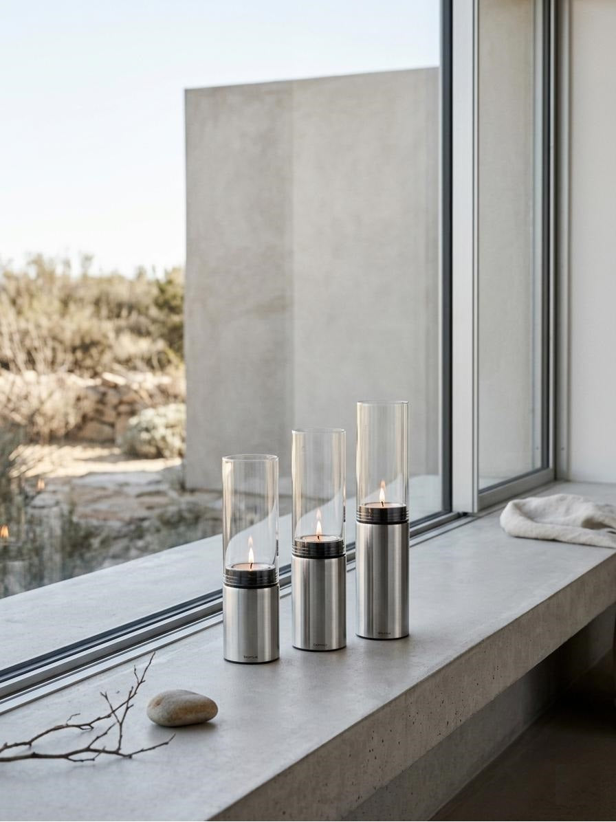 Set 3 suporturi pentru lumanari, inox si sticla