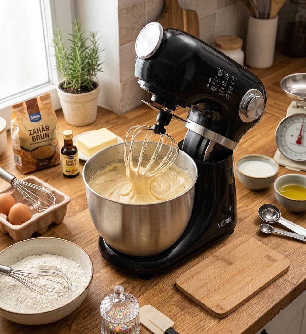 Mixer planetar cu bol din inox 5L, 1000 W, 12 trepte viteza, cu functia Pulse, Victronic