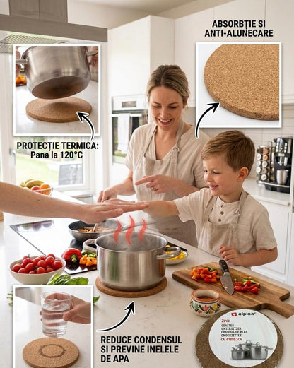 Set 2 suporturi termice pentru oale, din pluta, Alpina, 18 cm