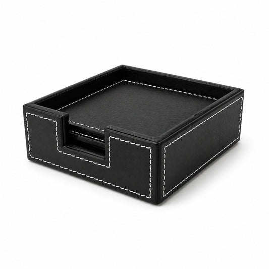 Set 6 suporturi pahare din piele ecologica neagra, in cutie