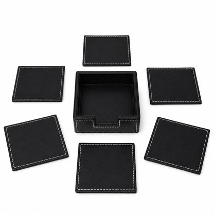 Set 6 suporturi pahare din piele ecologica neagra, in cutie