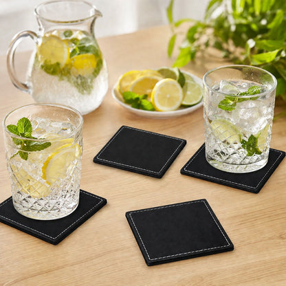 Set 6 suporturi pahare din piele ecologica neagra, in cutie
