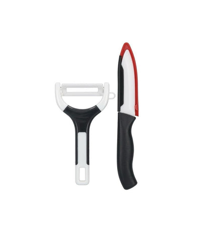 Set bucătărie 2 piese Alpina – cuțit universal cu teacă și curățător legume (peeler), lamă ceramică/inox, negru/alb