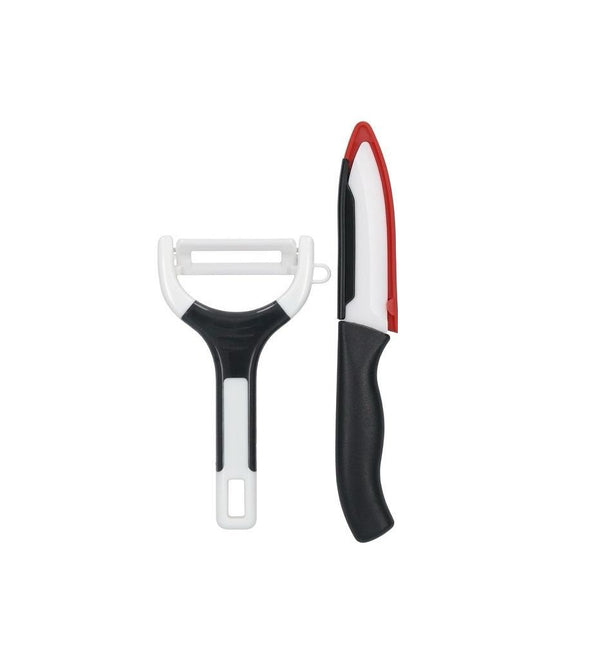 Set bucătărie 2 piese Alpina – cuțit universal cu teacă și curățător legume (peeler), lamă ceramică/inox, negru/alb