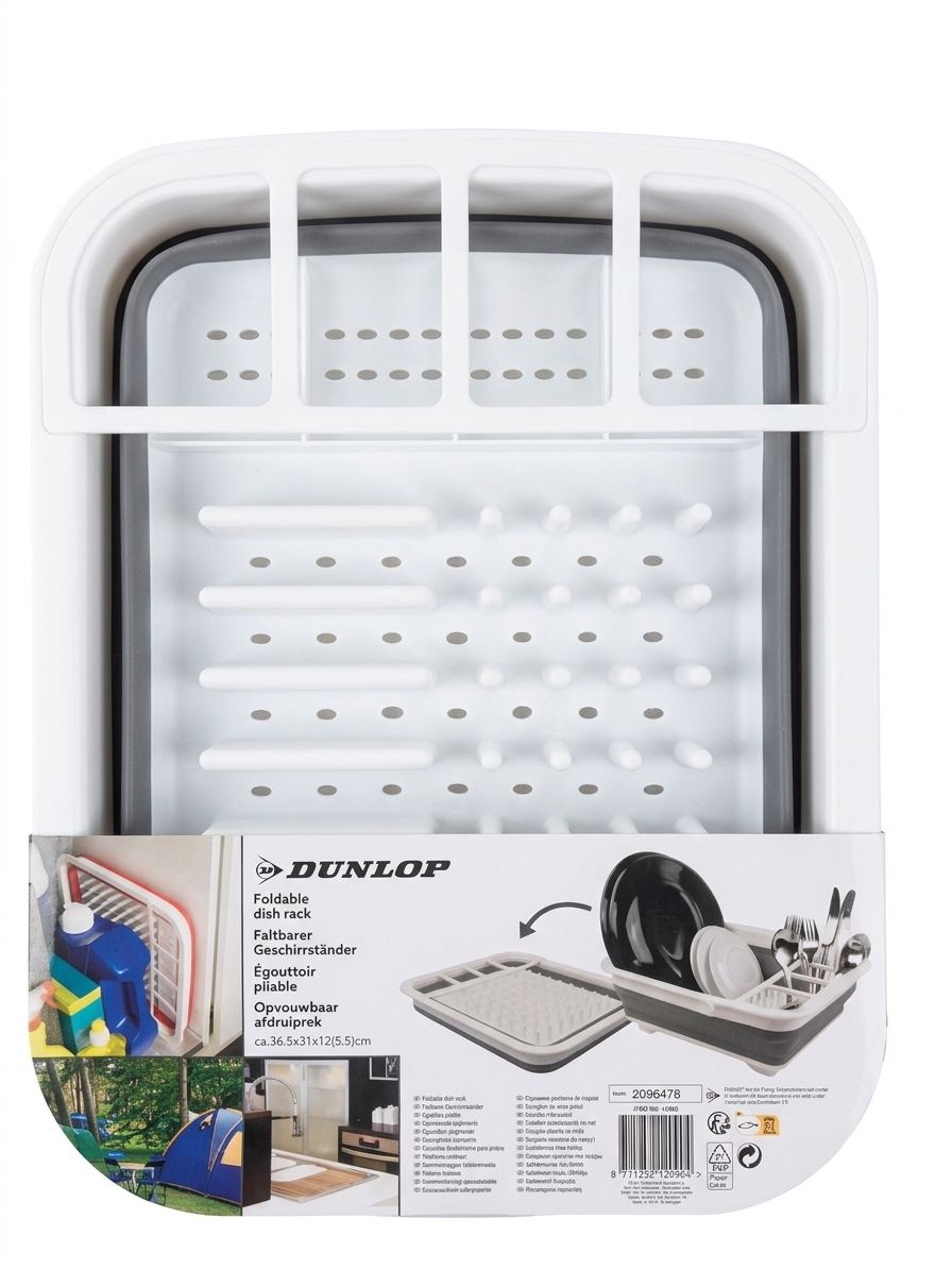 Uscător de vase pliabil, din silicon și plastic, compact, cu suport pentru tacâmuri, Gri/Alb, 36.5 x 31 x 12 cm, Dunlop