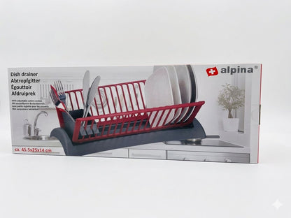 Uscator de vase Alpina, cu suport pentru tacamuri ajustabil, 45.5 x 25 x 14 cm, Roșu/Gri