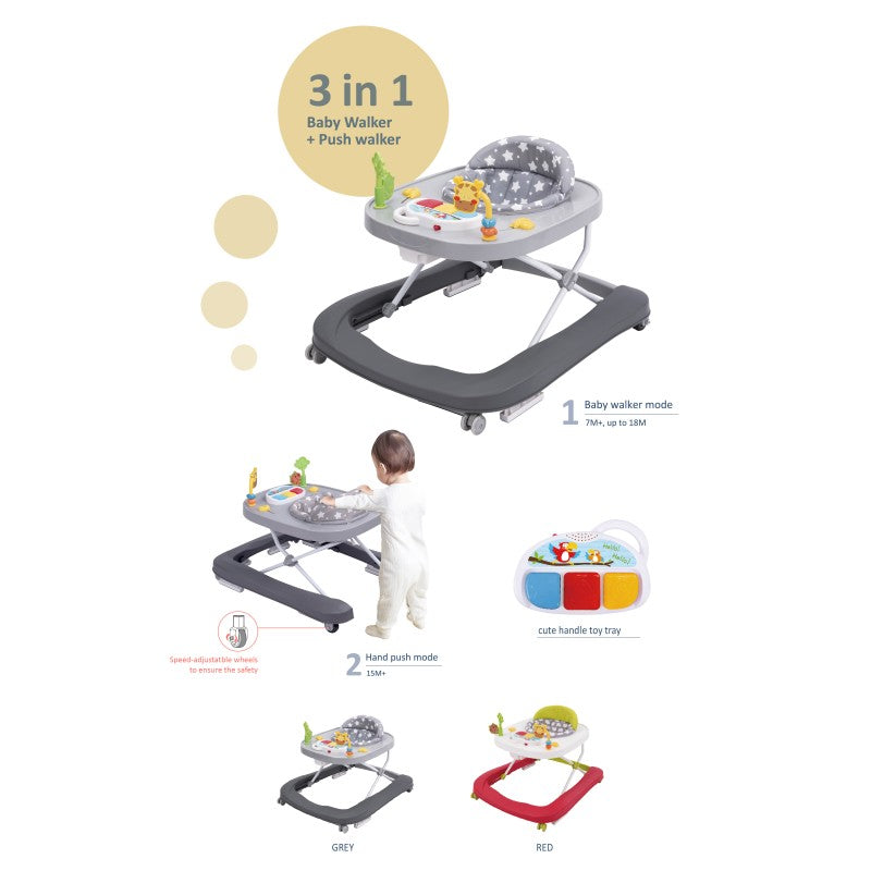 Premergator pliabil pentru copii 2 in 1, Roti din silicon, Frana, Jucarii, Inaltime reglabila, Varsta 6-18 luni, JOLLY KIDS, JK 1508 VRD