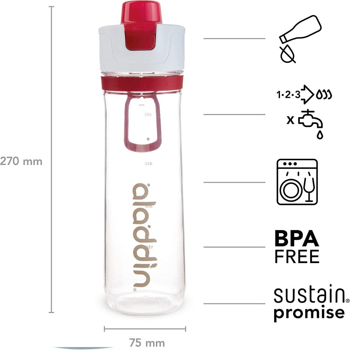 Sticla de apa sport, gradata, cu capac, 800 ml, rosu, 12995