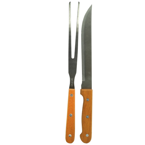 Set ustensile gratar, Big Jeff, Cutit/Furculita, 32cm/32cm, Inox/Lemn, Maro/Argintiu