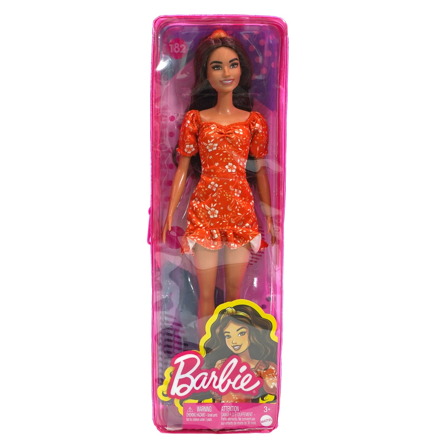 Papusa Barbie Fashionista bruneta in rochie cu model floral, 02009