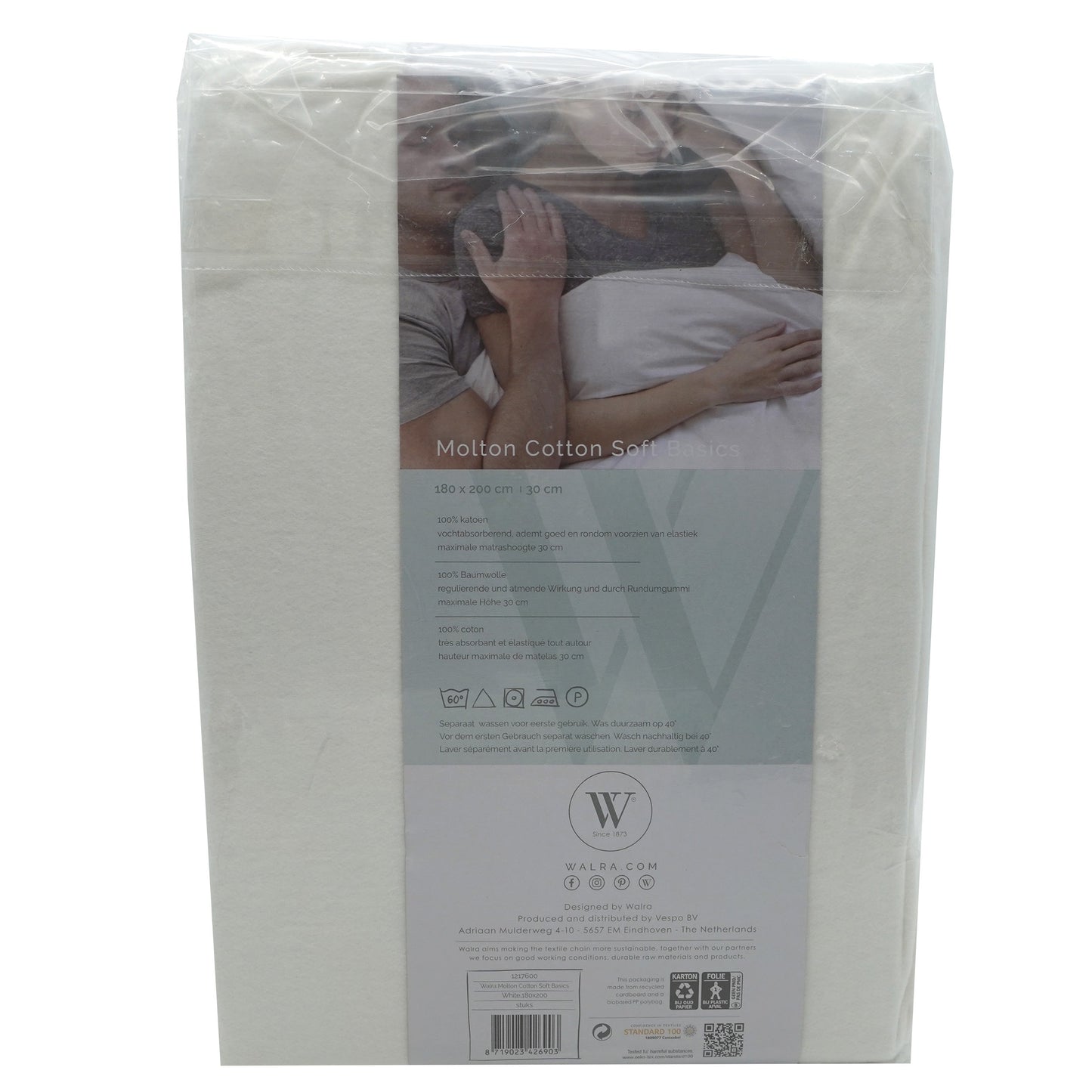 Husa saltea din bumbac, alb, 180x200 cm, Molton, Walra, 6903Wh