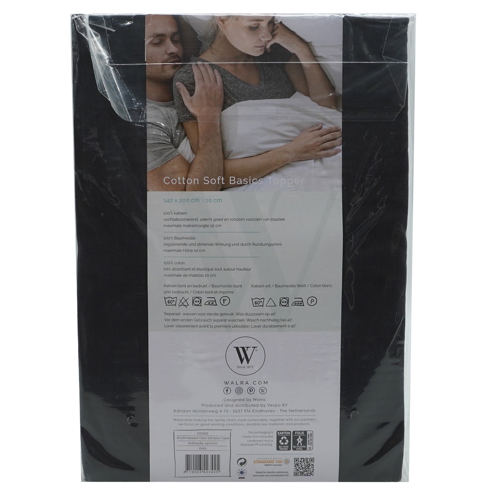 Husa saltea din bumbac, negru, 140x200 cm, Soft Basic Toper, Walra, 3445Blk