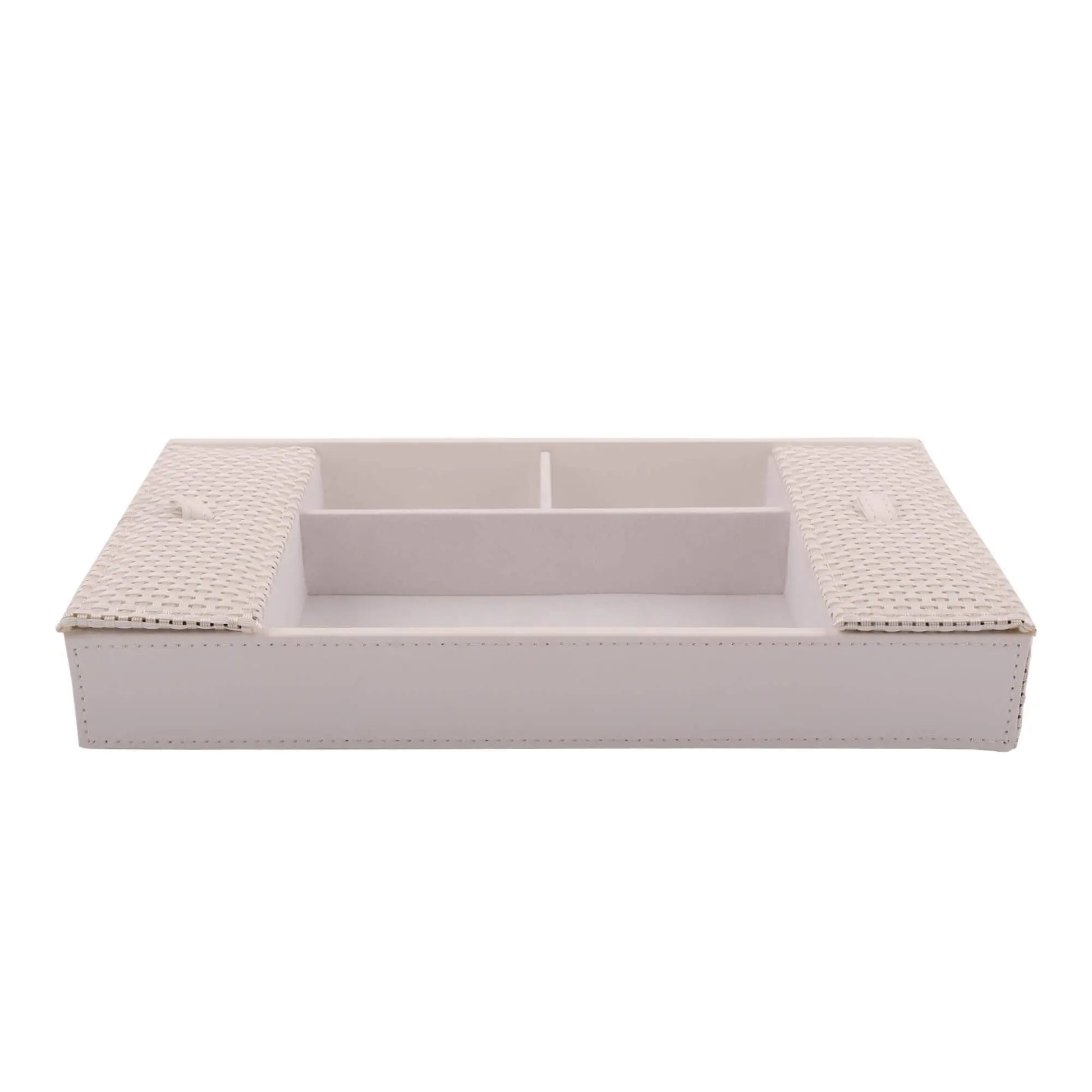 Cutie pentru bijuterii Rasteli, din piele ecologica si ratan, 30 x 16 x 4.5 cm, Crem