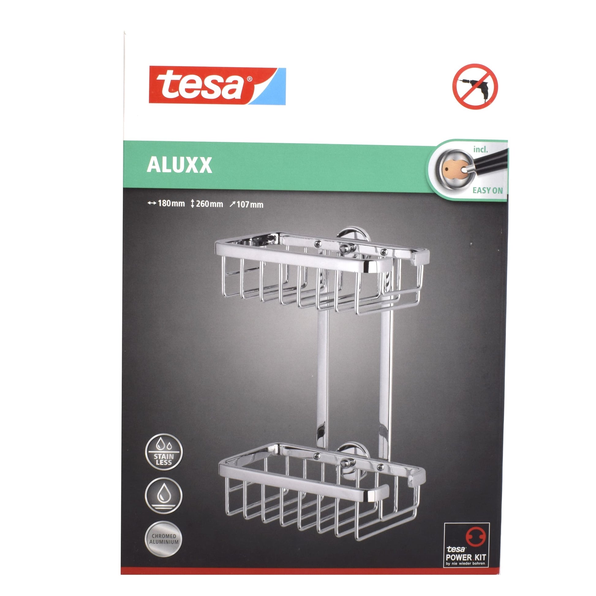 Etajera dubla pentru baie, aluminiu cromat, Tesa Aluxx, fara kit montaj 180 x 260 x 107 mm, 47227