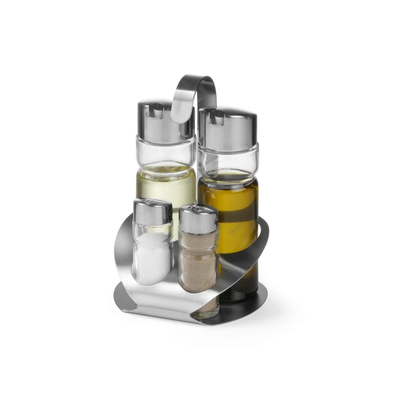 Oliviera din inox si sticla 4 piese, pentru ulei, otet, sare si piper, Lowenthal, 04720