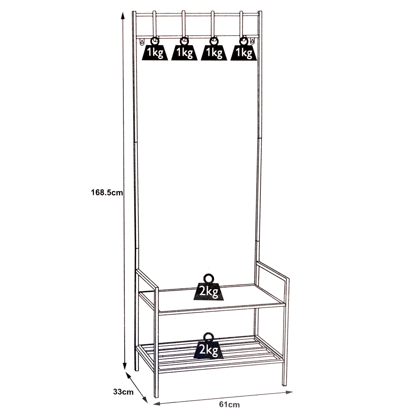 Cuier haine cu suport pantofi, GermagTrend, cu bancuta, design industrial, H 168.5 cm