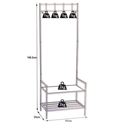 Cuier haine cu suport pantofi, GermagTrend, cu bancuta, design industrial, H 168.5 cm