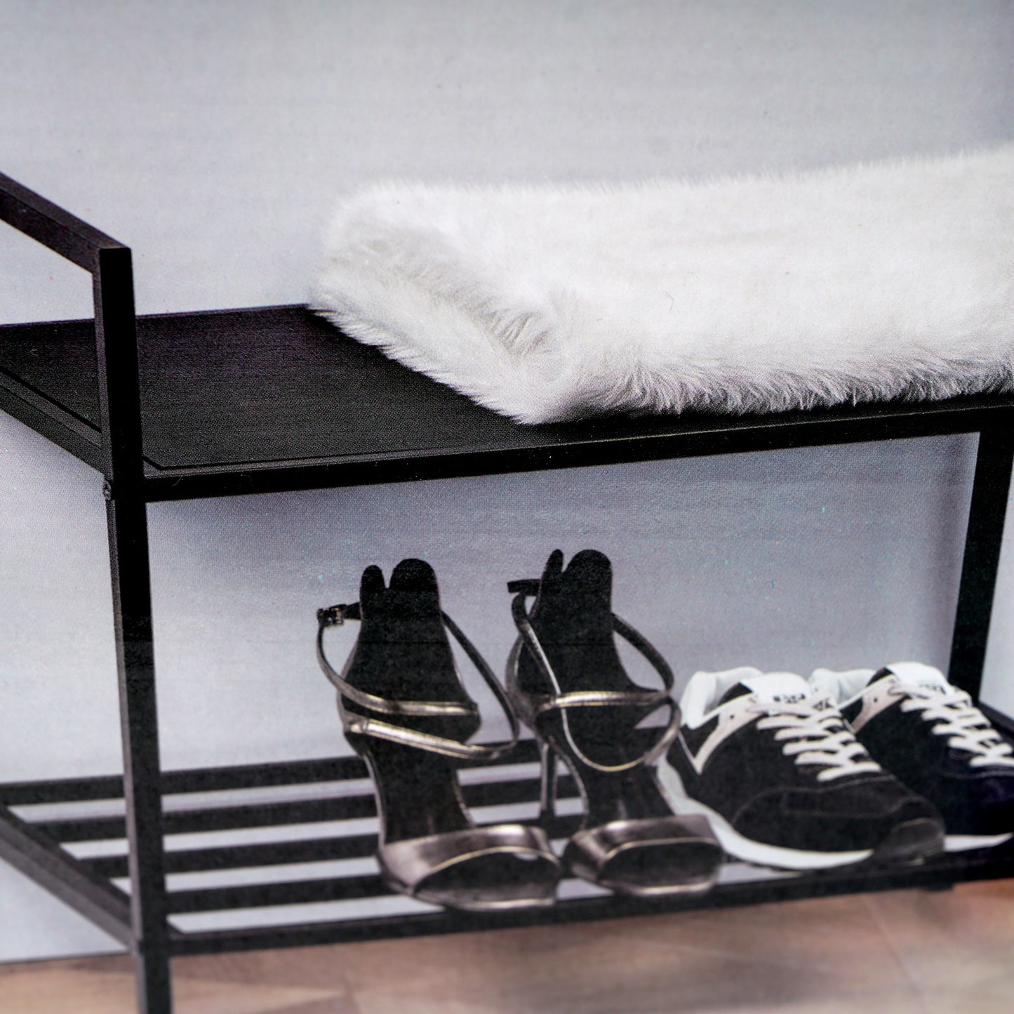 Cuier haine cu suport pantofi, GermagTrend, cu bancuta, design industrial, H 168.5 cm