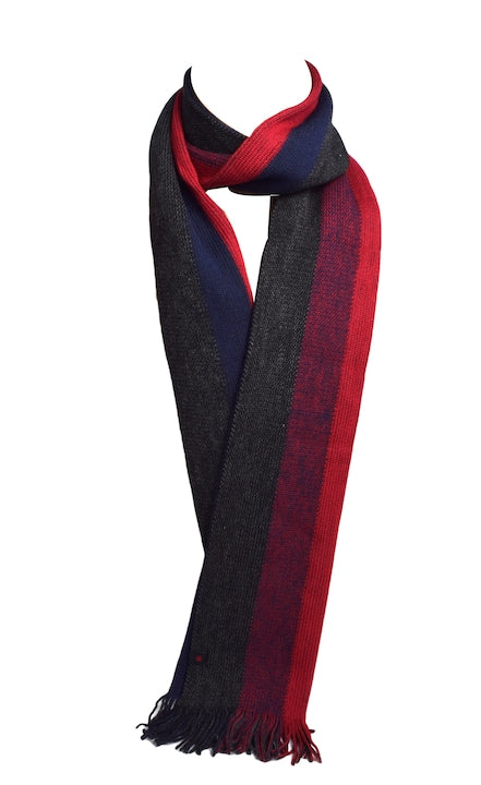 Fular lana, celio, cu dungi gri, albastru, rosu, 180 x 25 cm