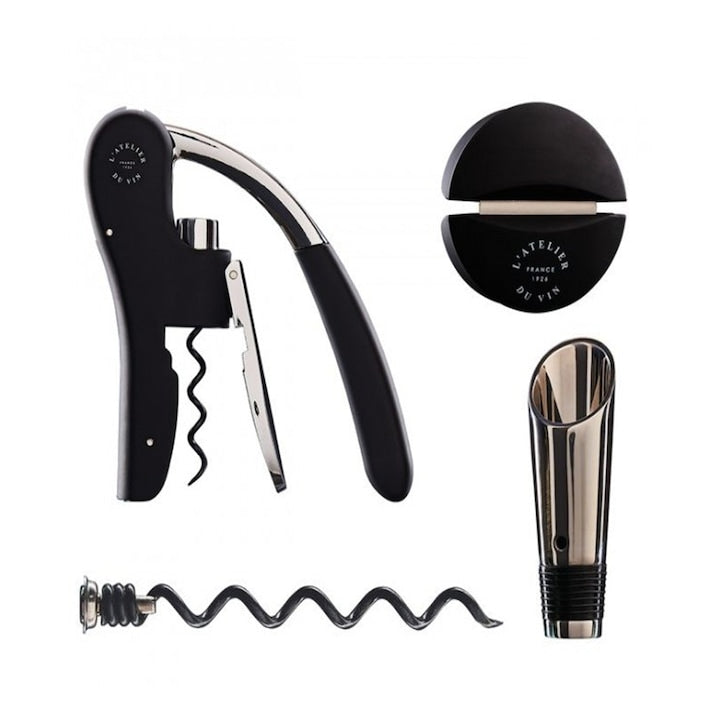 Set 3 accesorii si tirbuson pentru sticla vin, L'Atelier du Vin, negru, 62391