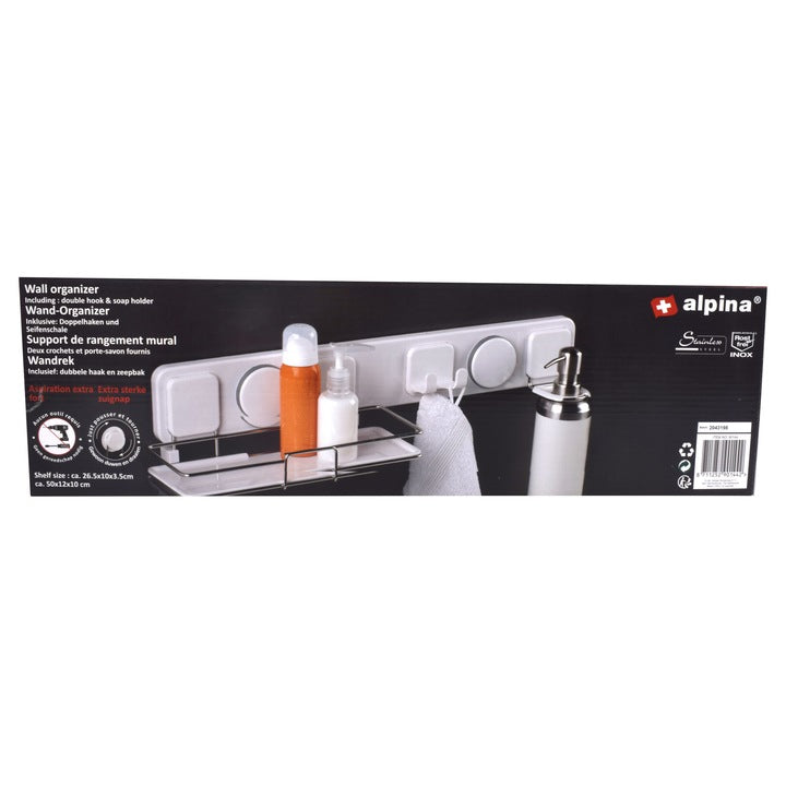 Organizator pentru baie, Alpina, tavita, 2 carlige si suport pentru sapun, 50 cm