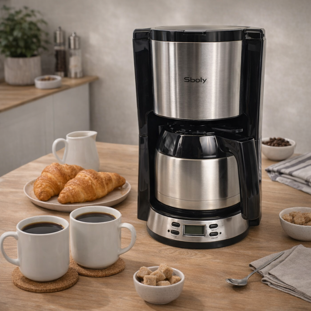 Cafetiera digitala cu timer 1L, Sboly, 900W, LCD, argintiu