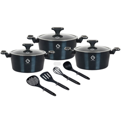 Set 10 piese: 3 vase din aluminiu, compatibile plita inductie, 3 capace sticla, 4 ustensile, Grunberg GR2718 (auriu, rosu, albastru)