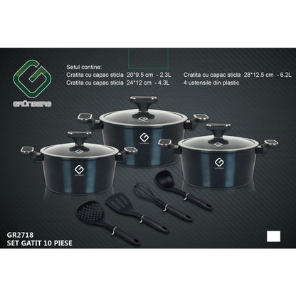 Set 10 piese: 3 vase din aluminiu, compatibile plita inductie, 3 capace sticla, 4 ustensile, Grunberg GR2718 (auriu, rosu, albastru)