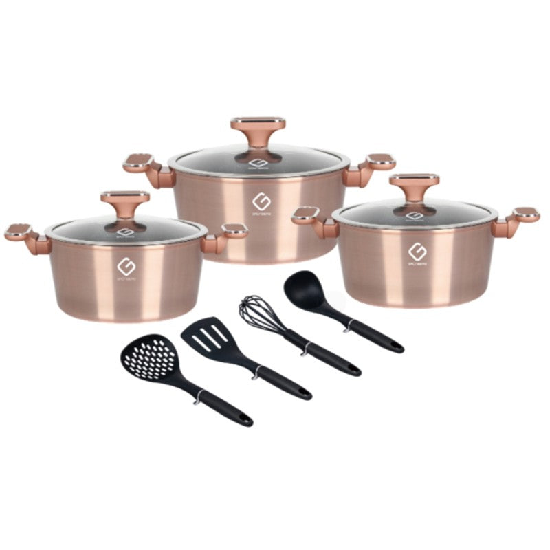 Set 10 piese: 3 vase din aluminiu, compatibile plita inductie, 3 capace sticla, 4 ustensile, Grunberg GR2718 (auriu, rosu, albastru)