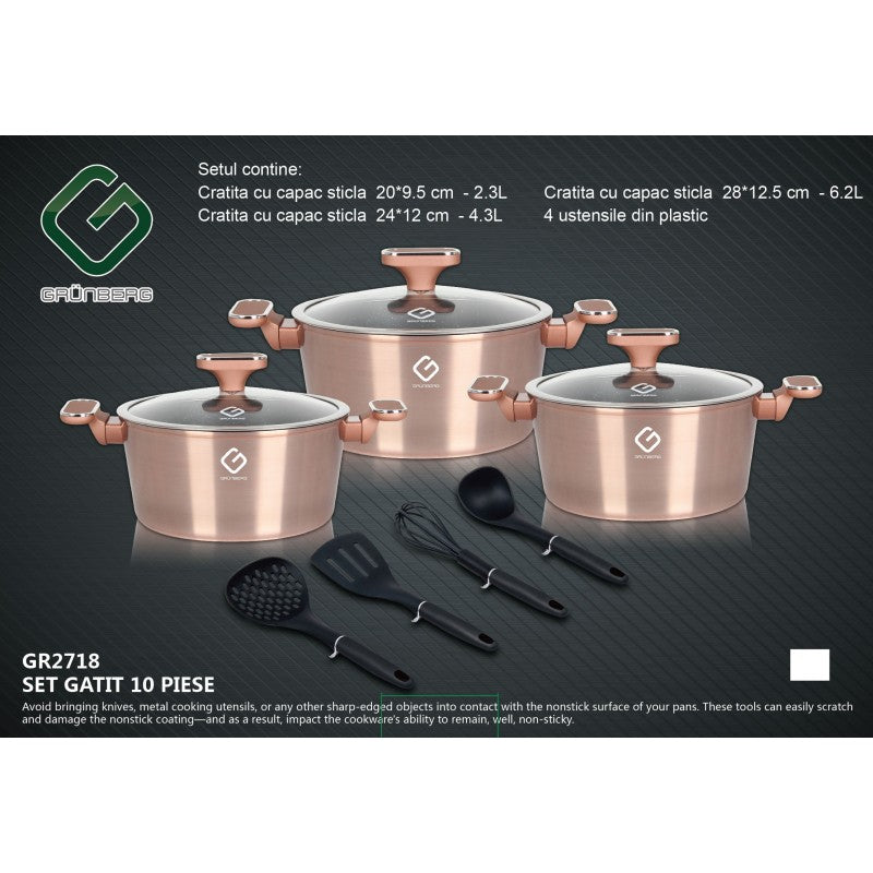 Set 10 piese: 3 vase din aluminiu, compatibile plita inductie, 3 capace sticla, 4 ustensile, Grunberg GR2718 (auriu, rosu, albastru)
