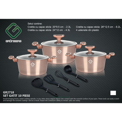 Set 10 piese: 3 vase din aluminiu, compatibile plita inductie, 3 capace sticla, 4 ustensile, Grunberg GR2718 (auriu, rosu, albastru)