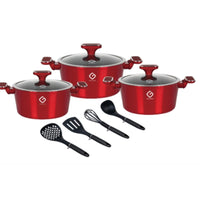 Set 10 piese: 3 vase din aluminiu, compatibile plita inductie, 3 capace sticla, 4 ustensile, Grunberg GR2718 (auriu, rosu, albastru)