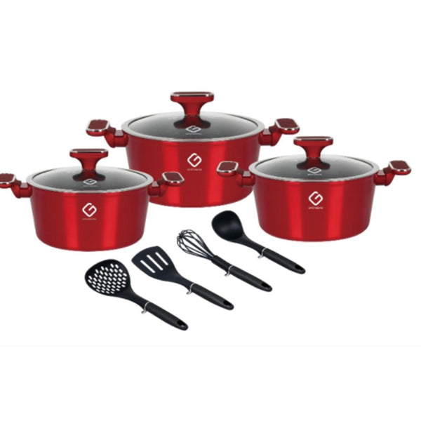 Set 10 piese: 3 vase din aluminiu, compatibile plita inductie, 3 capace sticla, 4 ustensile, Grunberg GR2718 (auriu, rosu, albastru)