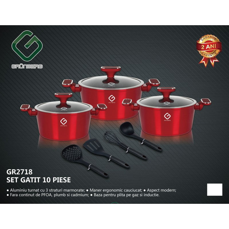 Set 10 piese: 3 vase din aluminiu, compatibile plita inductie, 3 capace sticla, 4 ustensile, Grunberg GR2718 (auriu, rosu, albastru)