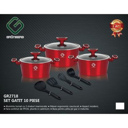 Set 10 piese: 3 vase din aluminiu, compatibile plita inductie, 3 capace sticla, 4 ustensile, Grunberg GR2718 (auriu, rosu, albastru)