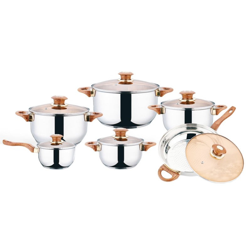 Set 12 piese: 6 vase din inox, compatibile cu plita cu inductie, cu capace din sticla, Grunberg GR15041